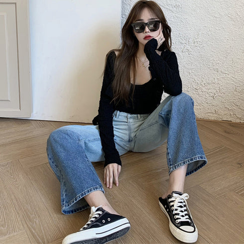 デニムパンツ グラデーションカラー 韓国 レディース ハイウエスト ジーンズ ストレートデニムパンツ カジュアル セミワイドパンツ おしゃれ ストリート こなれ感 83YATONG-031
