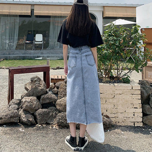 スカート スリット デニムスカート 韓国 ハイウエスト 切りっぱなし ロングスカート レディース おしゃれ タイトスカート カジュアル カットオフデニム セクシー 83YATONG-045