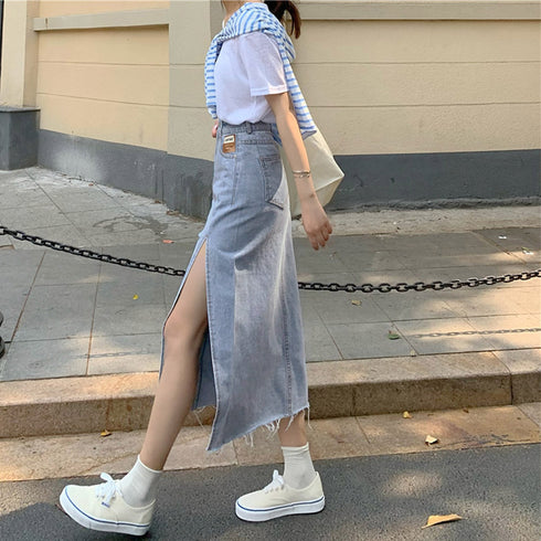 スカート スリット デニムスカート 韓国 ハイウエスト 切りっぱなし ロングスカート レディース おしゃれ タイトスカート カジュアル カットオフデニム セクシー 83YATONG-045
