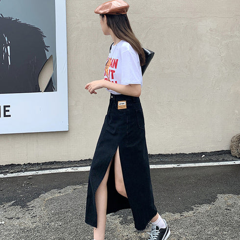 スカート スリット デニムスカート 韓国 ハイウエスト 切りっぱなし ロングスカート レディース おしゃれ タイトスカート カジュアル カットオフデニム セクシー 83YATONG-045