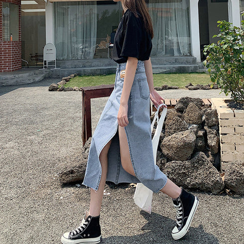 スカート スリット デニムスカート 韓国 ハイウエスト 切りっぱなし ロングスカート レディース おしゃれ タイトスカート カジュアル カットオフデニム セクシー 83YATONG-045