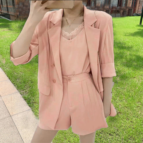 セットアップレディースカジュアル韓国 上下3点セット 長袖 ジャケット 春夏 Vネック レース キャミソール ウエストゴム ショートパンツ OL通勤 着やせ 83YATONG-047