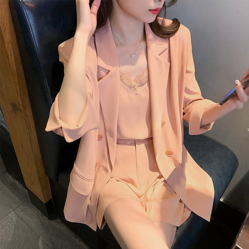 セットアップレディースカジュアル韓国 上下3点セット 長袖 ジャケット 春夏 Vネック レース キャミソール ウエストゴム ショートパンツ OL通勤 着やせ 83YATONG-047