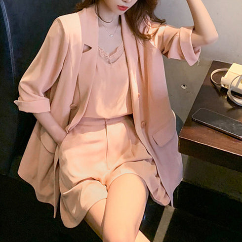 セットアップレディースカジュアル韓国 上下3点セット 長袖 ジャケット 春夏 Vネック レース キャミソール ウエストゴム ショートパンツ OL通勤 着やせ 83YATONG-047