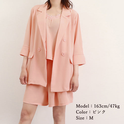 セットアップレディースカジュアル韓国 上下3点セット 長袖 ジャケット 春夏 Vネック レース キャミソール ウエストゴム ショートパンツ OL通勤 着やせ 83YATONG-047