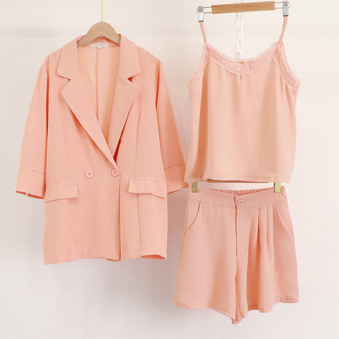 セットアップレディースカジュアル韓国 上下3点セット 長袖 ジャケット 春夏 Vネック レース キャミソール ウエストゴム ショートパンツ OL通勤 着やせ 83YATONG-047