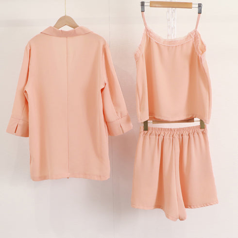 セットアップレディースカジュアル韓国 上下3点セット 長袖 ジャケット 春夏 Vネック レース キャミソール ウエストゴム ショートパンツ OL通勤 着やせ 83YATONG-047