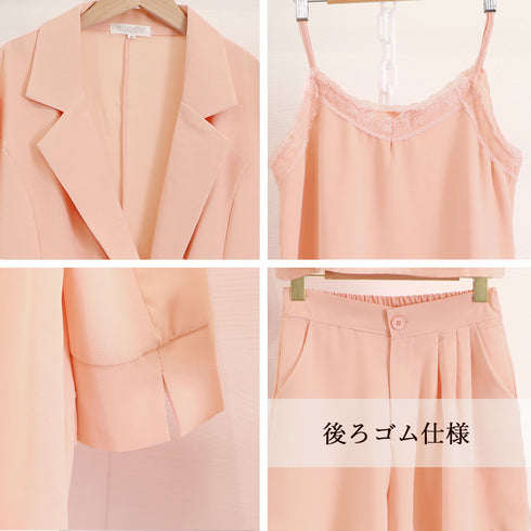 セットアップレディースカジュアル韓国 上下3点セット 長袖 ジャケット 春夏 Vネック レース キャミソール ウエストゴム ショートパンツ OL通勤 着やせ 83YATONG-047