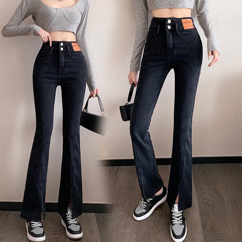 ハイウエスト デニムパンツ スリット韓国 レディース デニム フレアパンツ 脚長 美脚 ジーンズ ジーパン 美尻 タイト スキニーパンツ スリム ロングパンツ 83YATONG-058