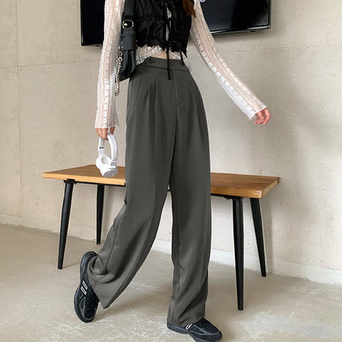 セミワイドパンツ レディース オフィス ロングパンツ ハイウエスト ストレートスーツパンツ ポケット付き タック入り ワイドスラックス 通勤 お洒落 韓国 83YATONG-070