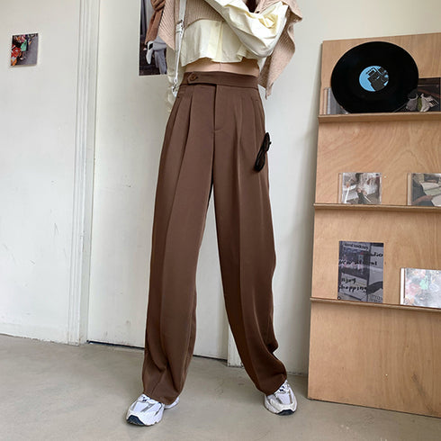 セミワイドパンツ レディース オフィス ロングパンツ ハイウエスト ストレートスーツパンツ ポケット付き タック入り ワイドスラックス 通勤 お洒落 韓国 83YATONG-070