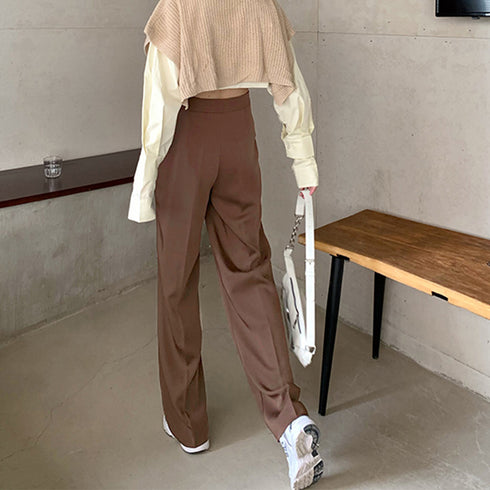 セミワイドパンツ レディース オフィス ロングパンツ ハイウエスト ストレートスーツパンツ ポケット付き タック入り ワイドスラックス 通勤 お洒落 韓国 83YATONG-070