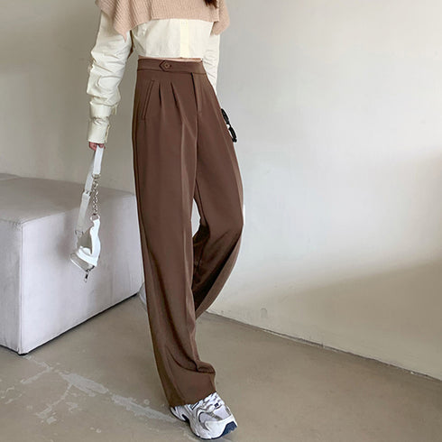 セミワイドパンツ レディース オフィス ロングパンツ ハイウエスト ストレートスーツパンツ ポケット付き タック入り ワイドスラックス 通勤 お洒落 韓国 83YATONG-070