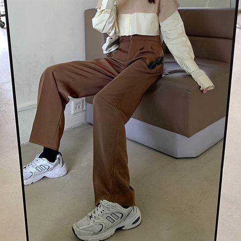 セミワイドパンツ レディース オフィス ロングパンツ ハイウエスト ストレートスーツパンツ ポケット付き タック入り ワイドスラックス 通勤 お洒落 韓国 83YATONG-070