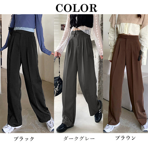 セミワイドパンツ レディース オフィス ロングパンツ ハイウエスト ストレートスーツパンツ ポケット付き タック入り ワイドスラックス 通勤 お洒落 韓国 83YATONG-070