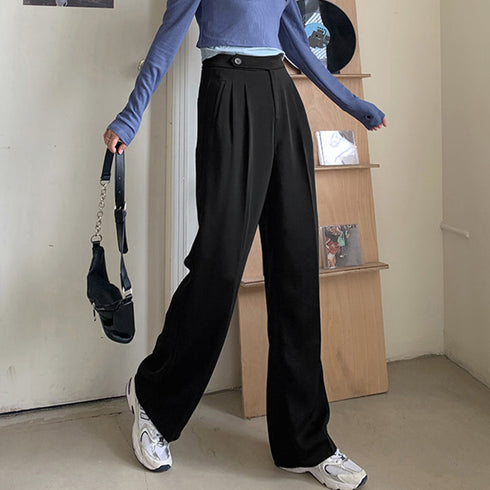 セミワイドパンツ レディース オフィス ロングパンツ ハイウエスト ストレートスーツパンツ ポケット付き タック入り ワイドスラックス 通勤 お洒落 韓国 83YATONG-070
