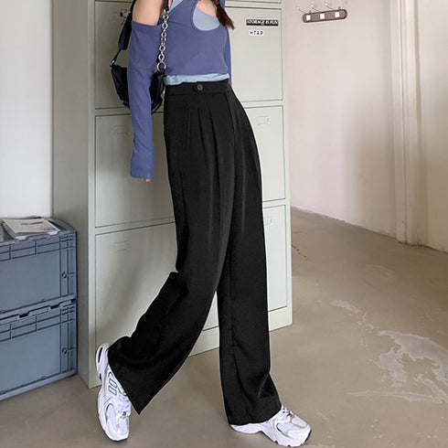セミワイドパンツ レディース オフィス ロングパンツ ハイウエスト ストレートスーツパンツ ポケット付き タック入り ワイドスラックス 通勤 お洒落 韓国 83YATONG-070