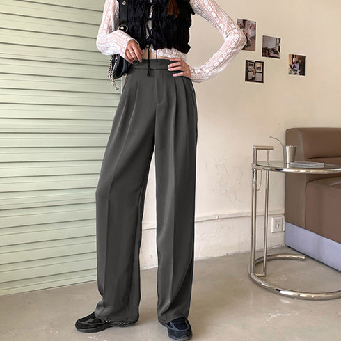 セミワイドパンツ レディース オフィス ロングパンツ ハイウエスト ストレートスーツパンツ ポケット付き タック入り ワイドスラックス 通勤 お洒落 韓国 83YATONG-070