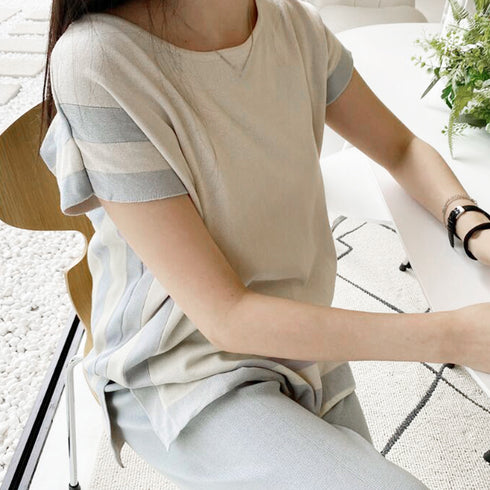 ニットセットアップ 冷感タッチレディース サマーニット スリットトップス ワイドパンツ 2点セット ゆったり オフィスカジュアル フレンチ袖ニット きれいめ 薄手 83YATONG-079
