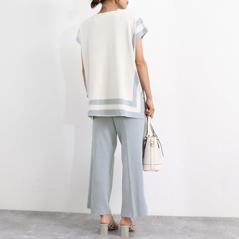 ニットセットアップ 冷感タッチレディース サマーニット スリットトップス ワイドパンツ 2点セット ゆったり オフィスカジュアル フレンチ袖ニット きれいめ 薄手 83YATONG-079