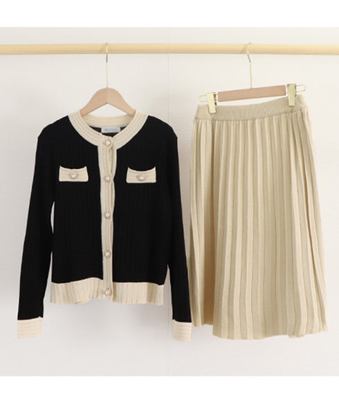 ニットセットアップ レディース 韓国風 ニットアンサンブル レトロバイカラー ニットカーディガン ハイウエスト ニットプリーツスカート きれいめツーピースセット 83YATONG-087
