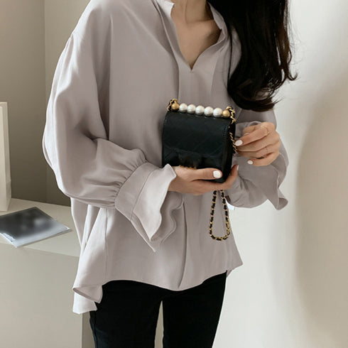 Vネック スキッパーブラウス フリル袖 レディース ゆったり 長袖シャツブラウス オフィスカジュアル 春秋夏トップス 体型カバー スタンドカラー無地プルオーバー 83YATONG-088