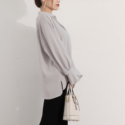 Vネック スキッパーブラウス フリル袖 レディース ゆったり 長袖シャツブラウス オフィスカジュアル 春秋夏トップス 体型カバー スタンドカラー無地プルオーバー 83YATONG-088