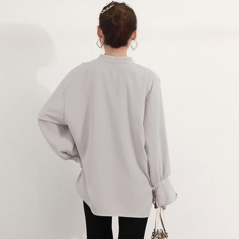 Vネック スキッパーブラウス フリル袖 レディース ゆったり 長袖シャツブラウス オフィスカジュアル 春秋夏トップス 体型カバー スタンドカラー無地プルオーバー 83YATONG-088