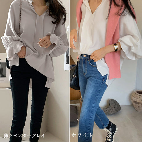 Vネック スキッパーブラウス フリル袖 レディース ゆったり 長袖シャツブラウス オフィスカジュアル 春秋夏トップス 体型カバー スタンドカラー無地プルオーバー 83YATONG-088