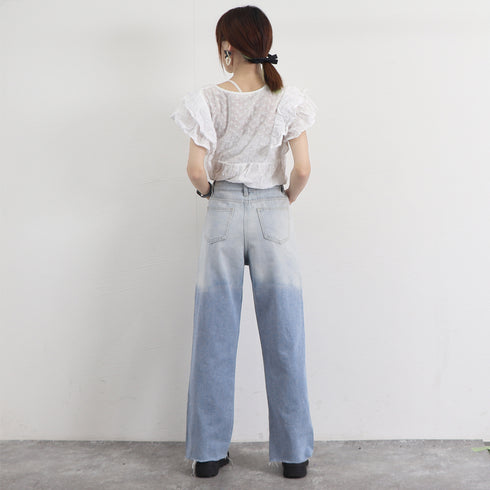 ダメージ デニムパンツ ハイウエスト韓国 レトロ ストレートデニム レディース ジーパン グラデーション ジーンズ カットオフ ロングパンツ おしゃれ 春秋夏 83YFGE-001