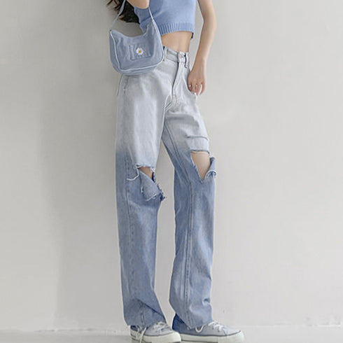 ダメージ デニムパンツ ハイウエスト韓国 レトロ ストレートデニム レディース ジーパン グラデーション ジーンズ カットオフ ロングパンツ おしゃれ 春秋夏 83YFGE-001