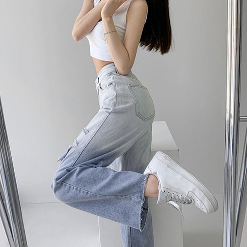 ダメージ デニムパンツ ハイウエスト韓国 レトロ ストレートデニム レディース ジーパン グラデーション ジーンズ カットオフ ロングパンツ おしゃれ 春秋夏 83YFGE-001