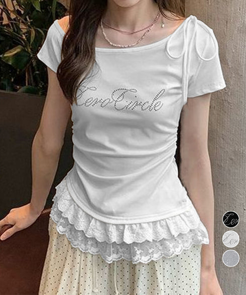 オフショルTロゴtシャツ肩リボントップス ワンショルダーカットソー ラインストーンロゴ 半袖カットソー 韓国風Tシャツ バレエコアY2Kトップス レースフリル夏服 83YICHANG-001