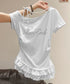 オフショルTロゴtシャツ肩リボントップス ワンショルダーカットソー ラインストーンロゴ 半袖カットソー 韓国風Tシャツ バレエコアY2Kトップス レースフリル夏服 83YICHANG-001