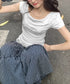 オフショルTロゴtシャツ肩リボントップス ワンショルダーカットソー ラインストーンロゴ 半袖カットソー 韓国風Tシャツ バレエコアY2Kトップス レースフリル夏服 83YICHANG-001