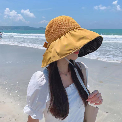 サンバイザー バケットハットバックリボン レディース 日除け帽子 切り替え UV対策 折り畳み ツバ広 小顔 アウトドア 大人 可愛い 日焼け防止 帽子 春秋夏 83YIFA-001