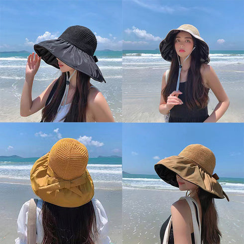 サンバイザー バケットハットバックリボン レディース 日除け帽子 切り替え UV対策 折り畳み ツバ広 小顔 アウトドア 大人 可愛い 日焼け防止 帽子 春秋夏 83YIFA-001