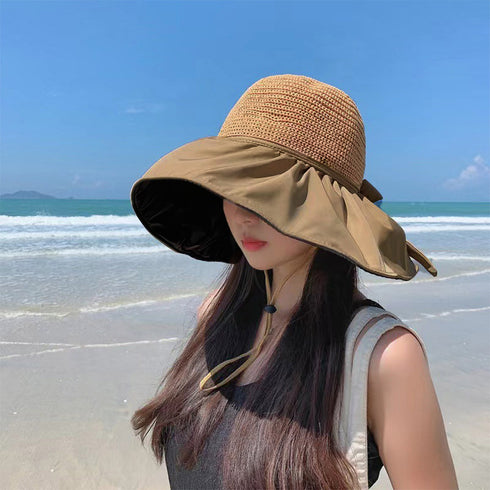 サンバイザー バケットハットバックリボン レディース 日除け帽子 切り替え UV対策 折り畳み ツバ広 小顔 アウトドア 大人 可愛い 日焼け防止 帽子 春秋夏 83YIFA-001