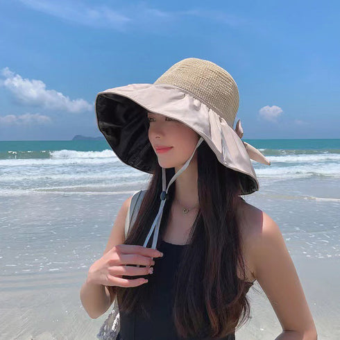 サンバイザー バケットハットバックリボン レディース 日除け帽子 切り替え UV対策 折り畳み ツバ広 小顔 アウトドア 大人 可愛い 日焼け防止 帽子 春秋夏 83YIFA-001