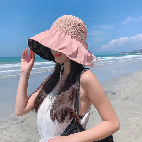 サンバイザー バケットハットバックリボン レディース 日除け帽子 切り替え UV対策 折り畳み ツバ広 小顔 アウトドア 大人 可愛い 日焼け防止 帽子 春秋夏 83YIFA-001
