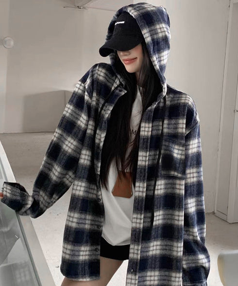 チェック柄フーデッドシャツレディース秋冬 微起毛BIGフードシャツ オーバーサイズシャツジャケット ミディアム丈レトロチェックシャツ ゆったりこなれ感秋服アウター 83YIGULI-001