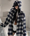 チェック柄フーデッドシャツレディース秋冬 微起毛BIGフードシャツ オーバーサイズシャツジャケット ミディアム丈レトロチェックシャツ ゆったりこなれ感秋服アウター 83YIGULI-001