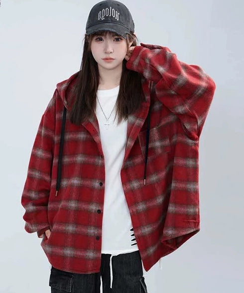 チェック柄フーデッドシャツレディース秋冬 微起毛BIGフードシャツ オーバーサイズシャツジャケット ミディアム丈レトロチェックシャツ ゆったりこなれ感秋服アウター 83YIGULI-001