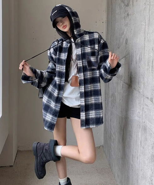 チェック柄フーデッドシャツレディース秋冬 微起毛BIGフードシャツ オーバーサイズシャツジャケット ミディアム丈レトロチェックシャツ ゆったりこなれ感秋服アウター 83YIGULI-001