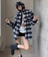 チェック柄フーデッドシャツレディース秋冬 微起毛BIGフードシャツ オーバーサイズシャツジャケット ミディアム丈レトロチェックシャツ ゆったりこなれ感秋服アウター 83YIGULI-001