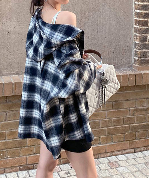 チェック柄フーデッドシャツレディース秋冬 微起毛BIGフードシャツ オーバーサイズシャツジャケット ミディアム丈レトロチェックシャツ ゆったりこなれ感秋服アウター 83YIGULI-001