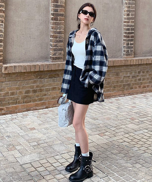 チェック柄フーデッドシャツレディース秋冬 微起毛BIGフードシャツ オーバーサイズシャツジャケット ミディアム丈レトロチェックシャツ ゆったりこなれ感秋服アウター 83YIGULI-001