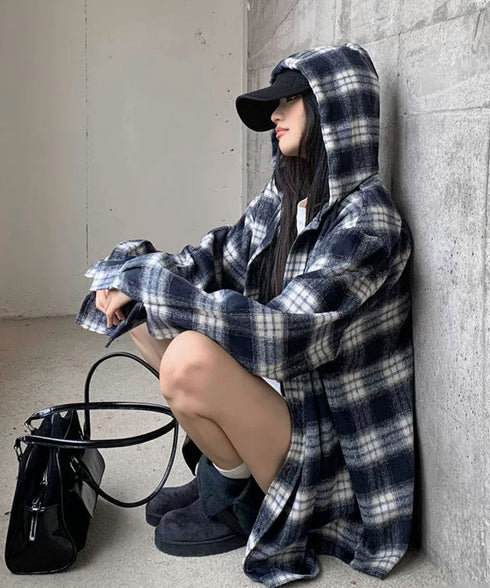 チェック柄フーデッドシャツレディース秋冬 微起毛BIGフードシャツ オーバーサイズシャツジャケット ミディアム丈レトロチェックシャツ ゆったりこなれ感秋服アウター 83YIGULI-001