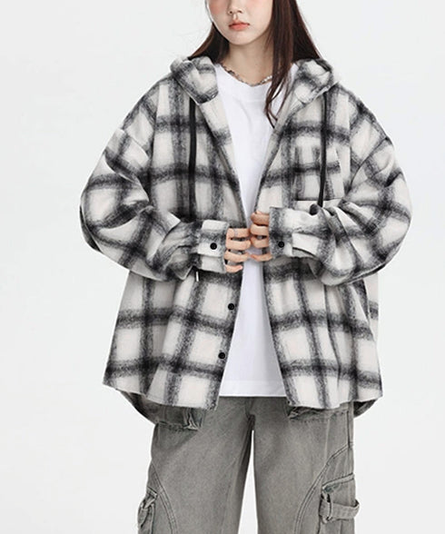 チェック柄フーデッドシャツレディース秋冬 微起毛BIGフードシャツ オーバーサイズシャツジャケット ミディアム丈レトロチェックシャツ ゆったりこなれ感秋服アウター 83YIGULI-001