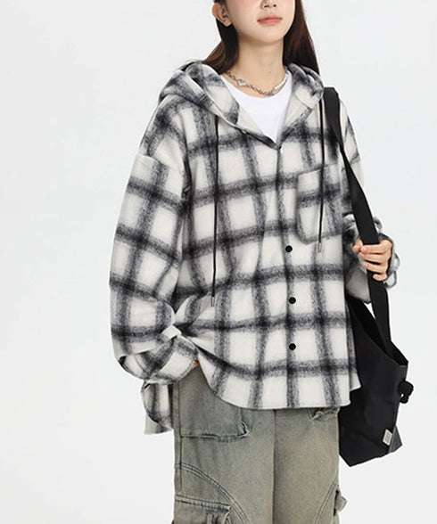 チェック柄フーデッドシャツレディース秋冬 微起毛BIGフードシャツ オーバーサイズシャツジャケット ミディアム丈レトロチェックシャツ ゆったりこなれ感秋服アウター 83YIGULI-001
